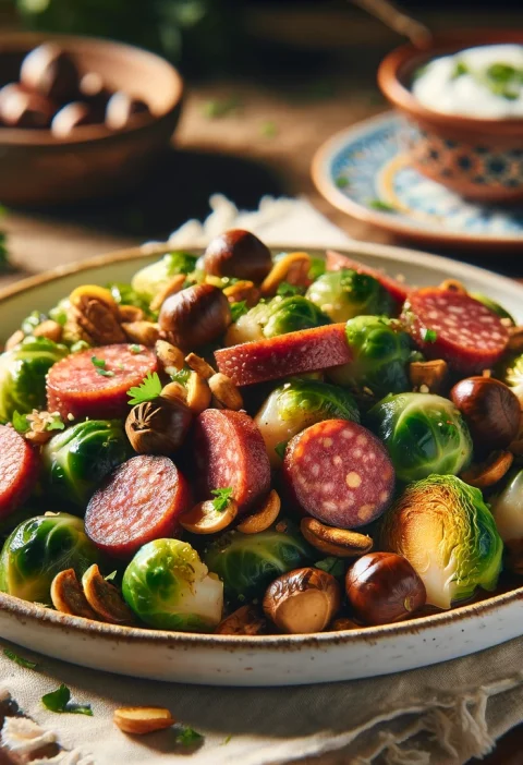 Kestaneli ve Sucuklu Brüksel Lahanası - Walnut and Sausage Brussels Sprouts