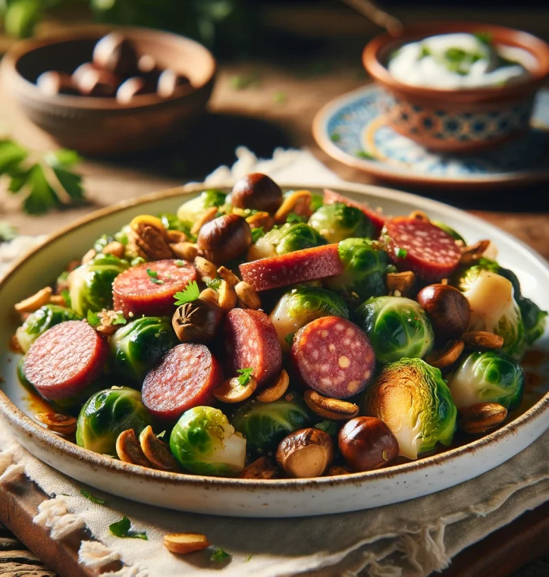 Kestaneli ve Sucuklu Brüksel Lahanası - Walnut and Sausage Brussels Sprouts