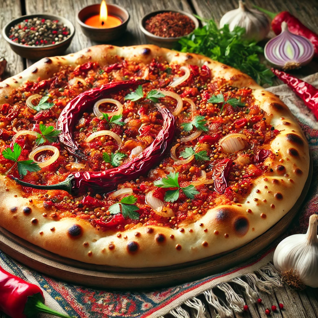 iber Ekmek, a Turkish pepper bread. It shows a flatbread topped with a mixture of roasted red peppers