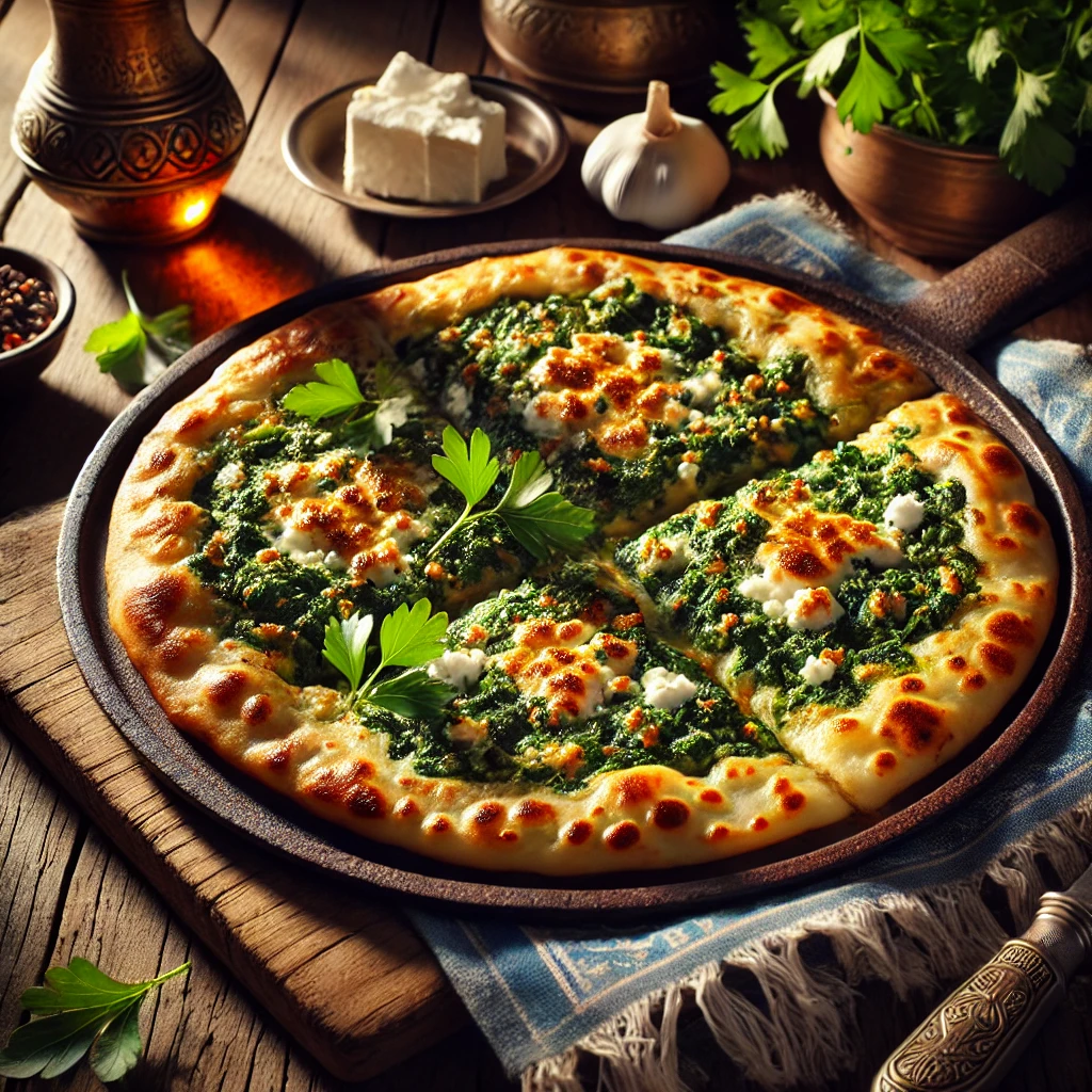 Gözleme, a traditional Turkish stuffed flatbread. It shows a golden brown flatbread filled with spinach, feta cheese,