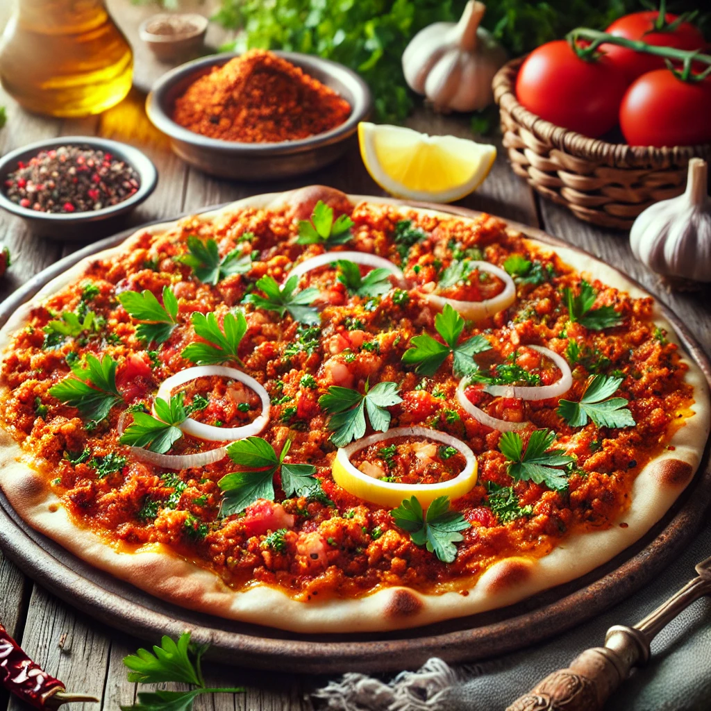 Lahmacun, a Turkish flatbread topped with a spicy mixture of minced meat, tomatoes, onions, garlic